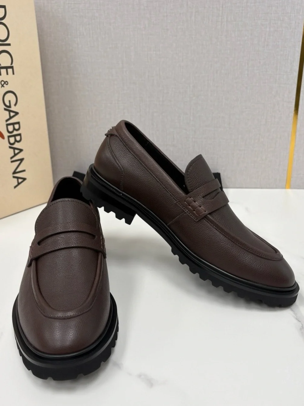 Dolce & Gabbana Men’s Brown Pebbled Leather Penny Loafers